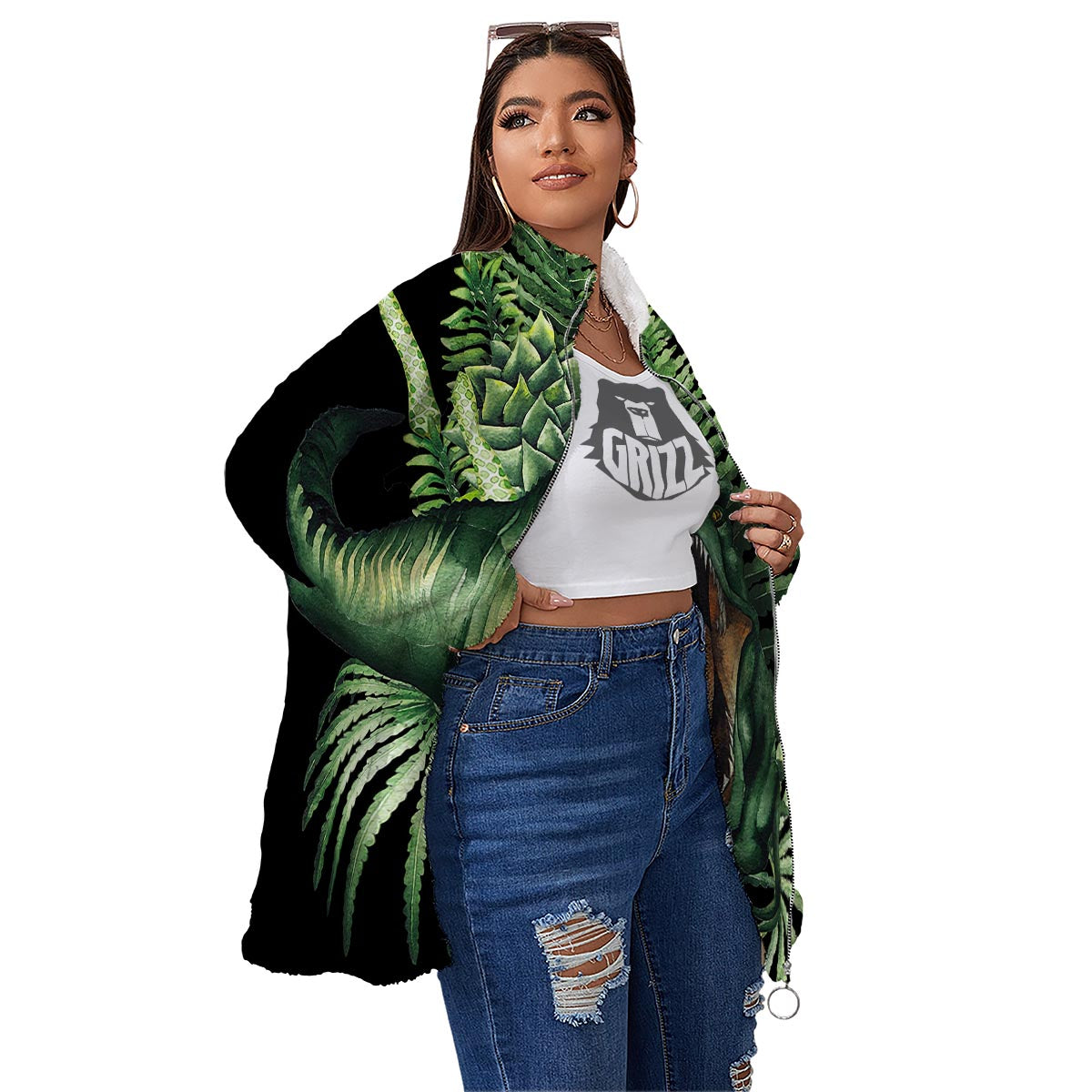 Dinosaur T Rex And Jurassic Plants Print Women's Sherpa Jacket-grizzshop
