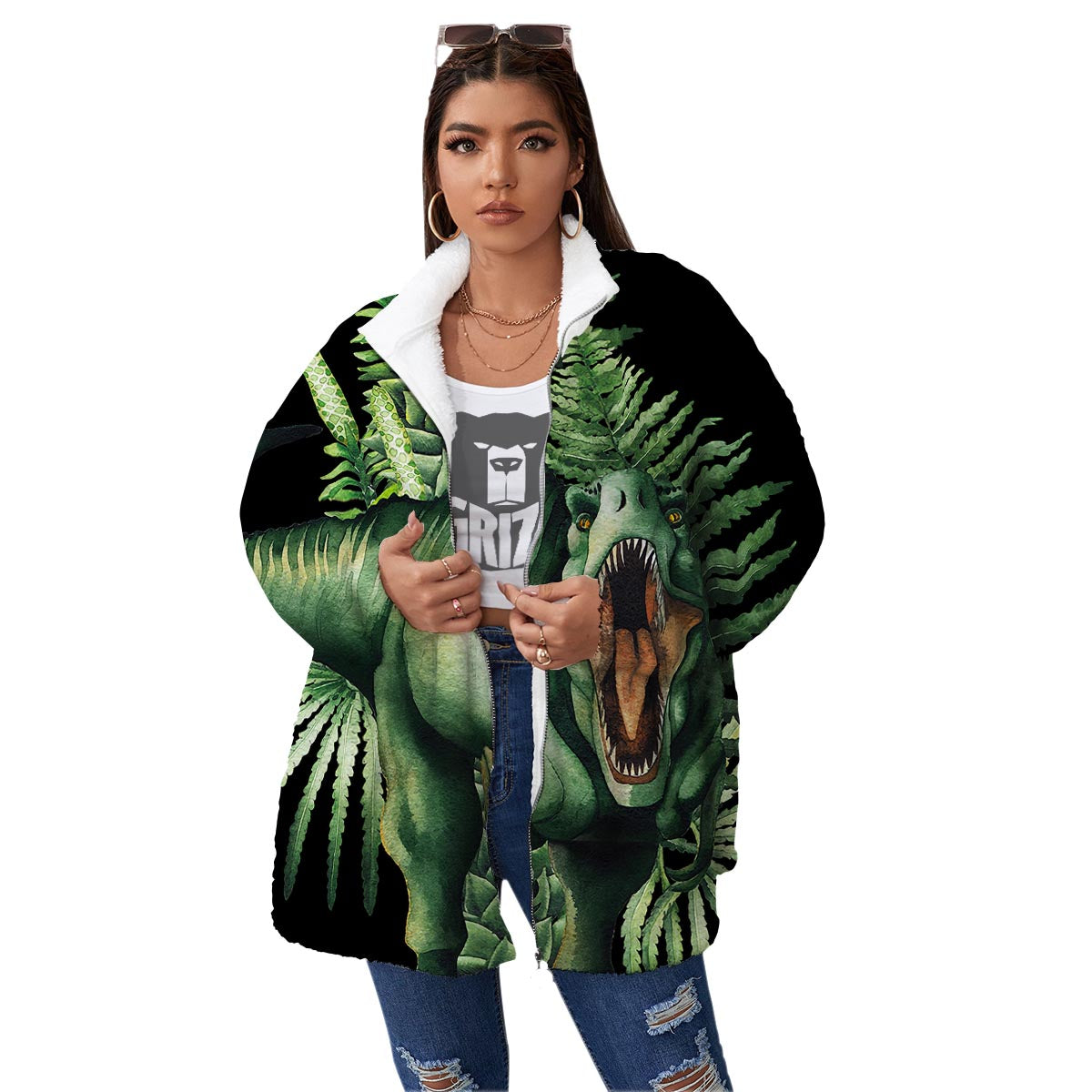Dinosaur T Rex And Jurassic Plants Print Women's Sherpa Jacket-grizzshop