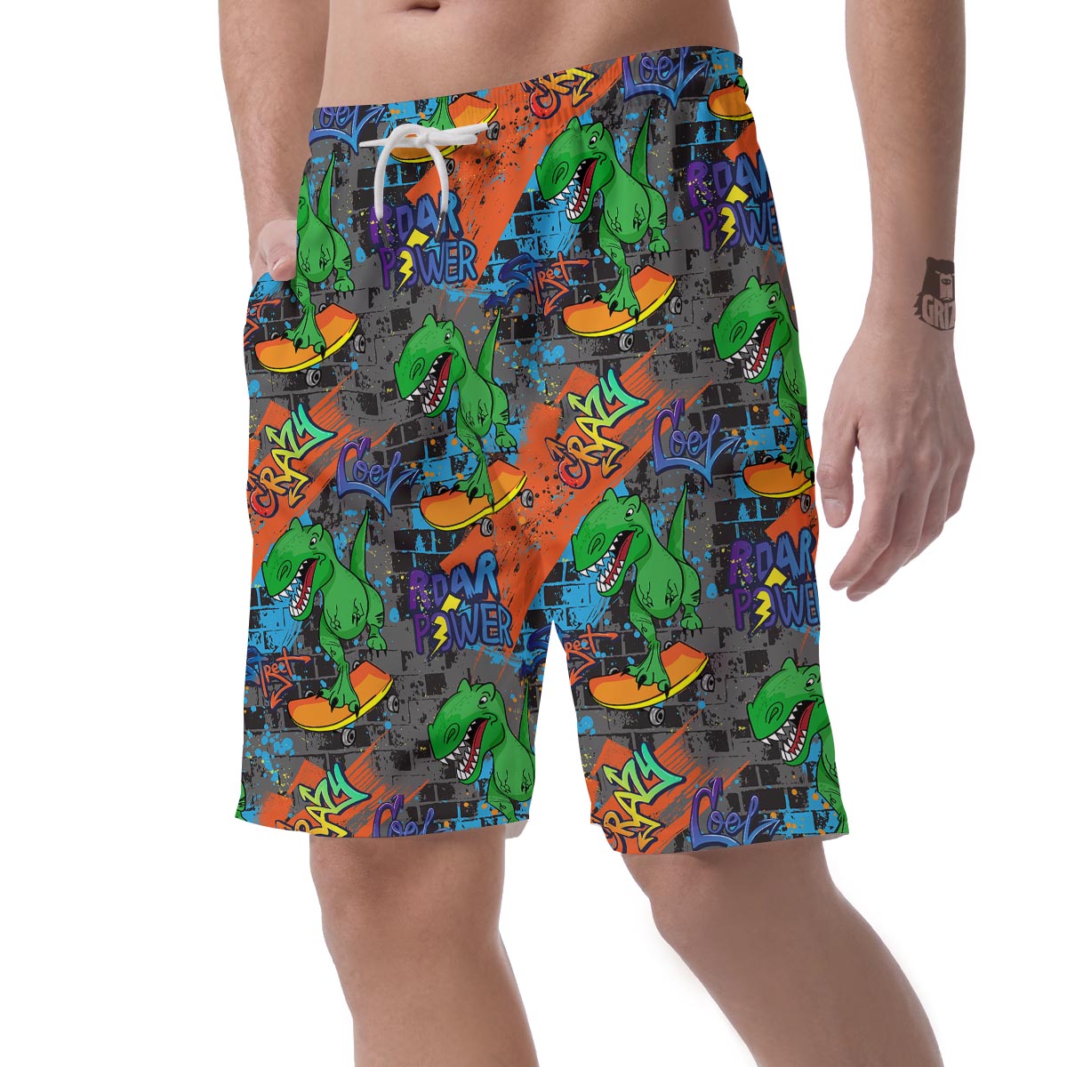 Dinosaur T-rex Graffiti Print Men's Shorts-grizzshop