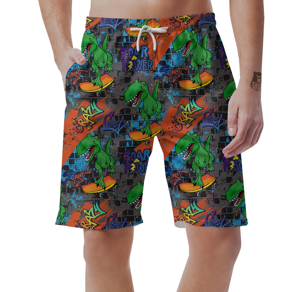 Dinosaur T-rex Graffiti Print Men's Shorts-grizzshop