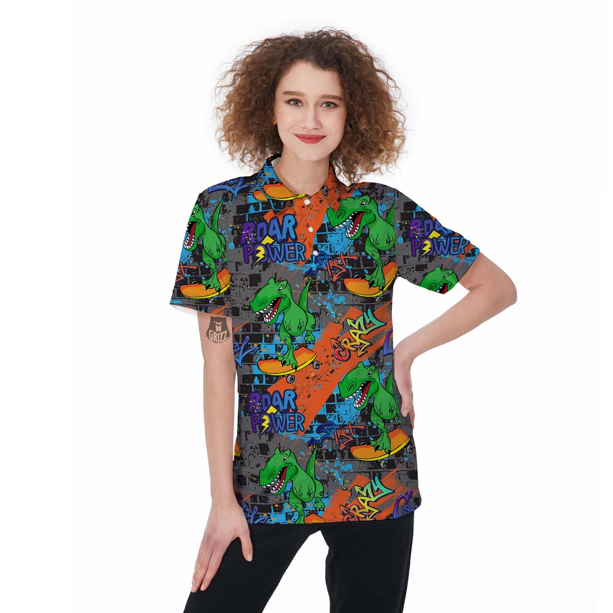 Dinosaur T-rex Graffiti Print Women's Golf Shirts-grizzshop