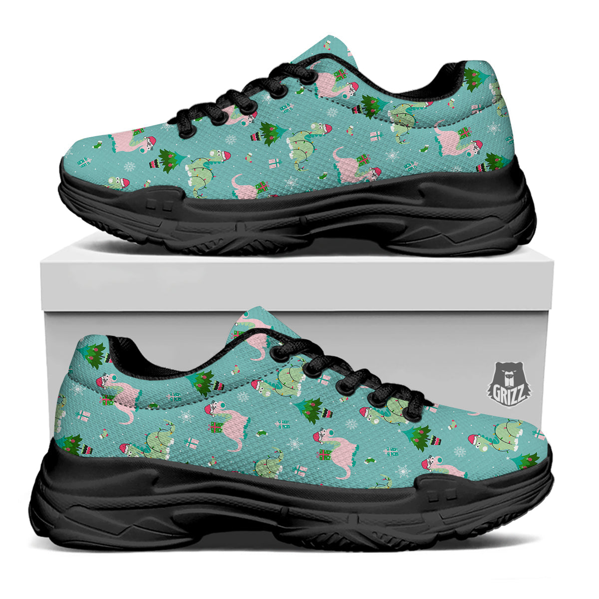 Dinosaur Xmas Print Pattern Black Chunky Shoes-grizzshop
