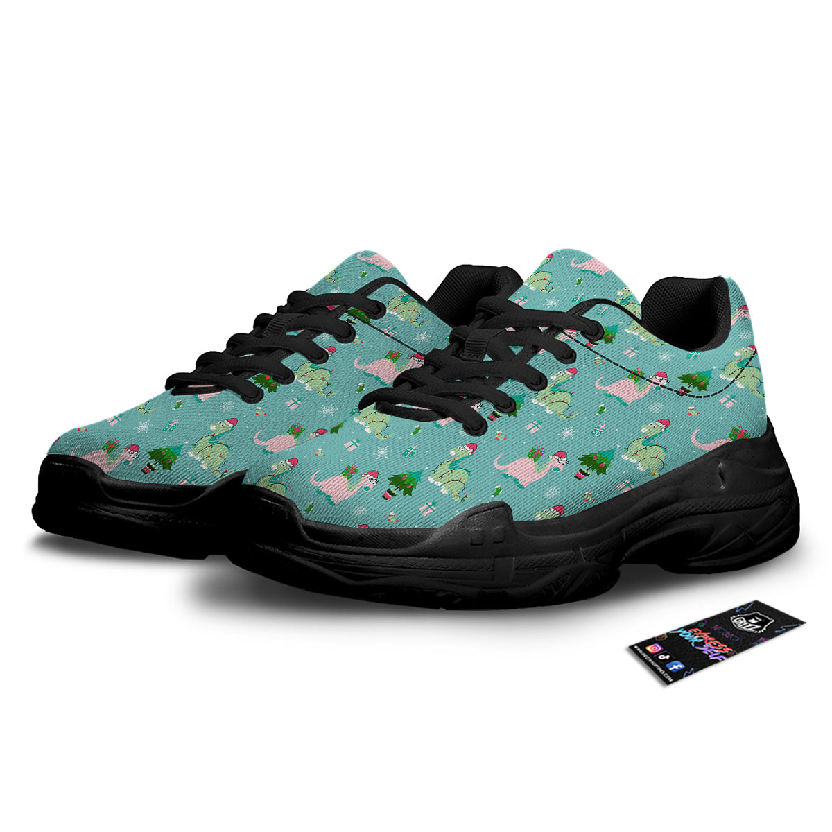 Dinosaur Xmas Print Pattern Black Chunky Shoes-grizzshop
