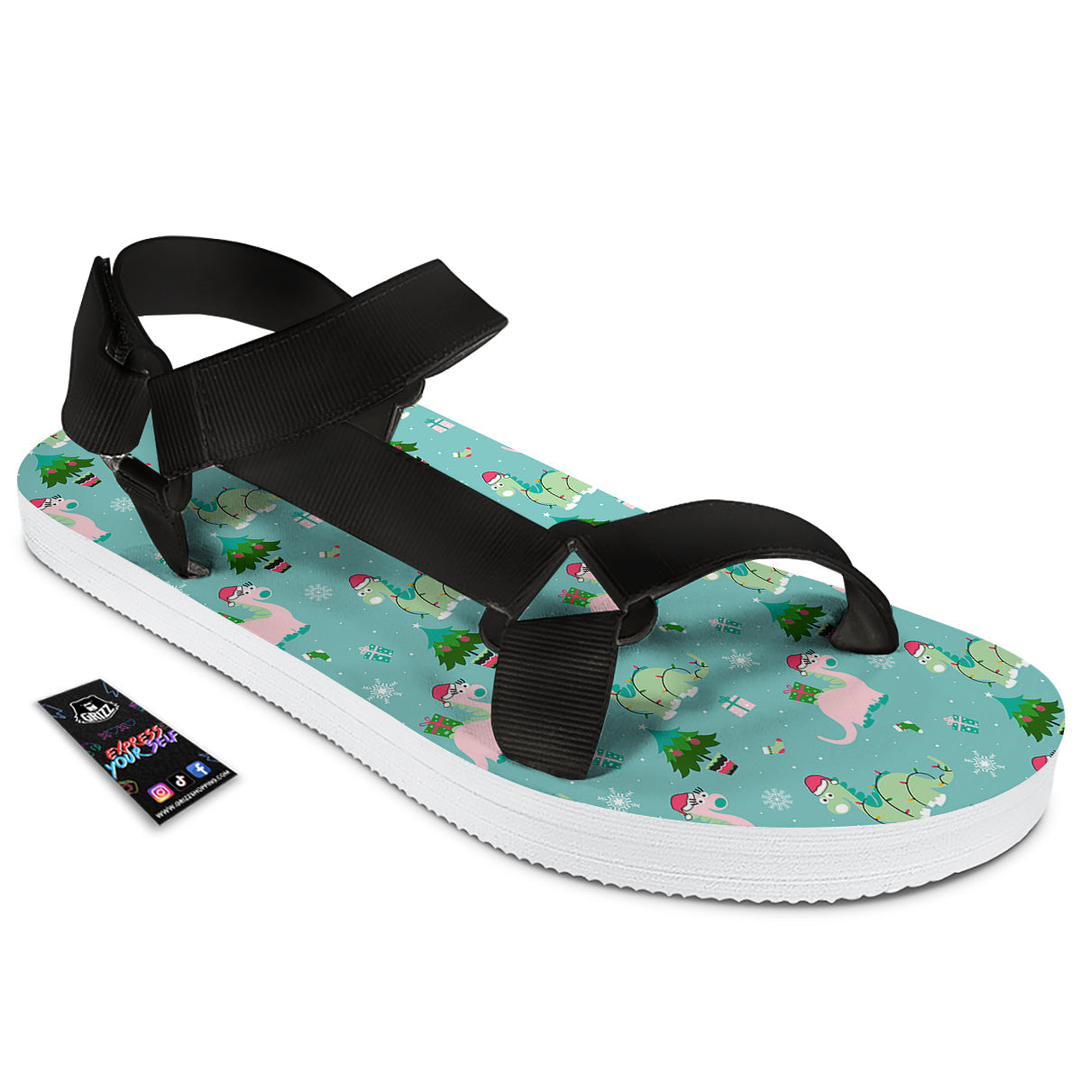 Dinosaur Xmas Print Pattern Black Open Toe Sandals-grizzshop