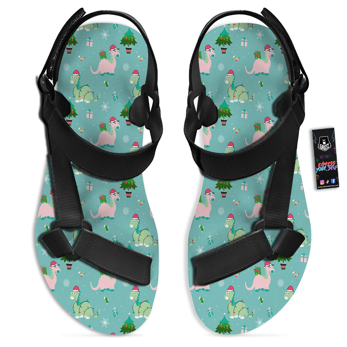 Dinosaur Xmas Print Pattern Black Open Toe Sandals-grizzshop