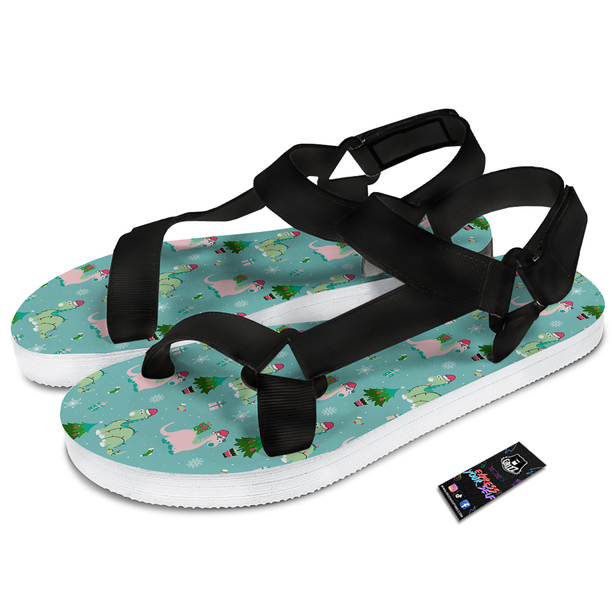 Dinosaur Xmas Print Pattern Black Open Toe Sandals-grizzshop