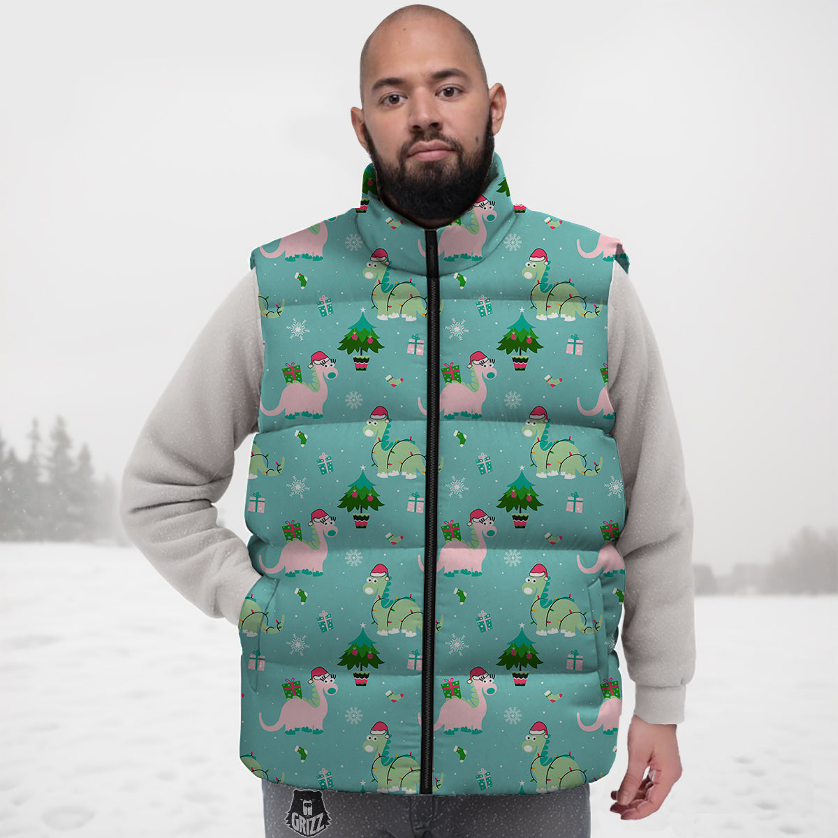 Dinosaur Xmas Print Pattern Down Vest