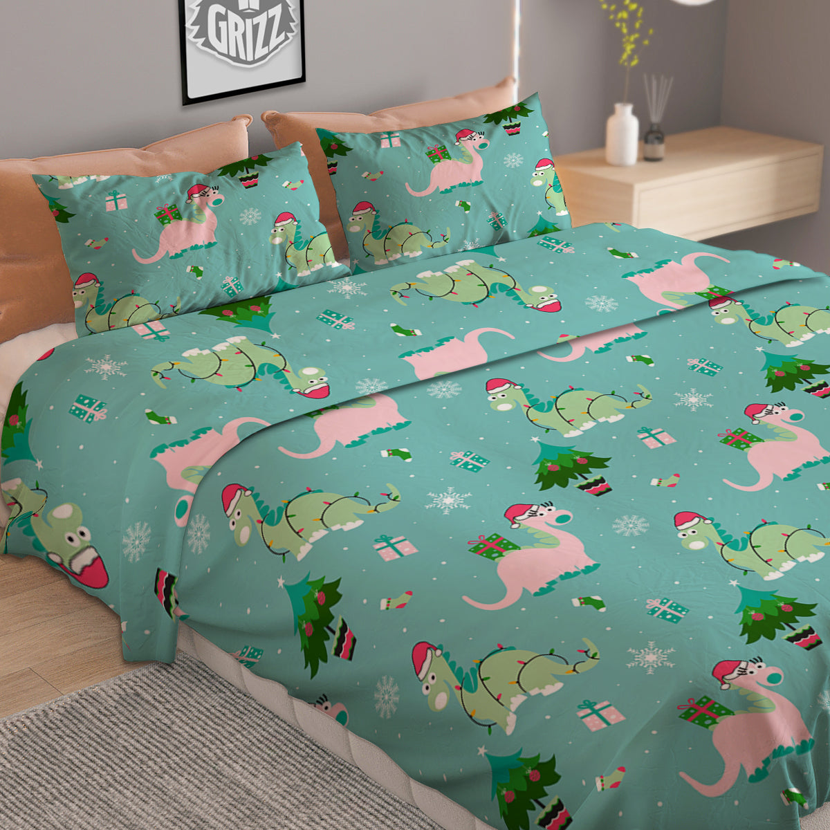 Dinosaur Xmas Print Pattern Duvet Cover Bedding Set