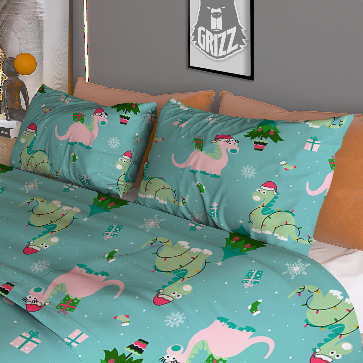 Dinosaur Xmas Print Pattern Duvet Cover Bedding Set