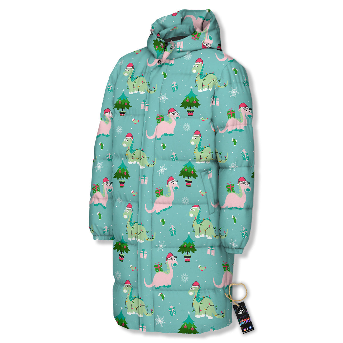 Dinosaur Xmas Print Pattern Long Down Jacket-grizzshop