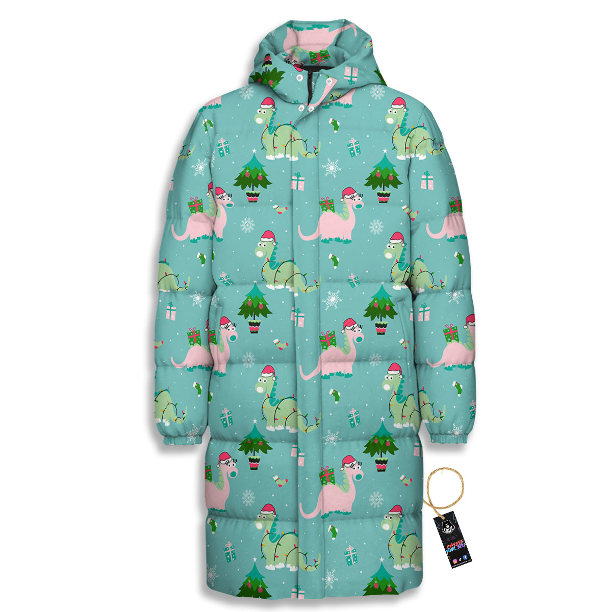 Dinosaur Xmas Print Pattern Long Down Jacket-grizzshop