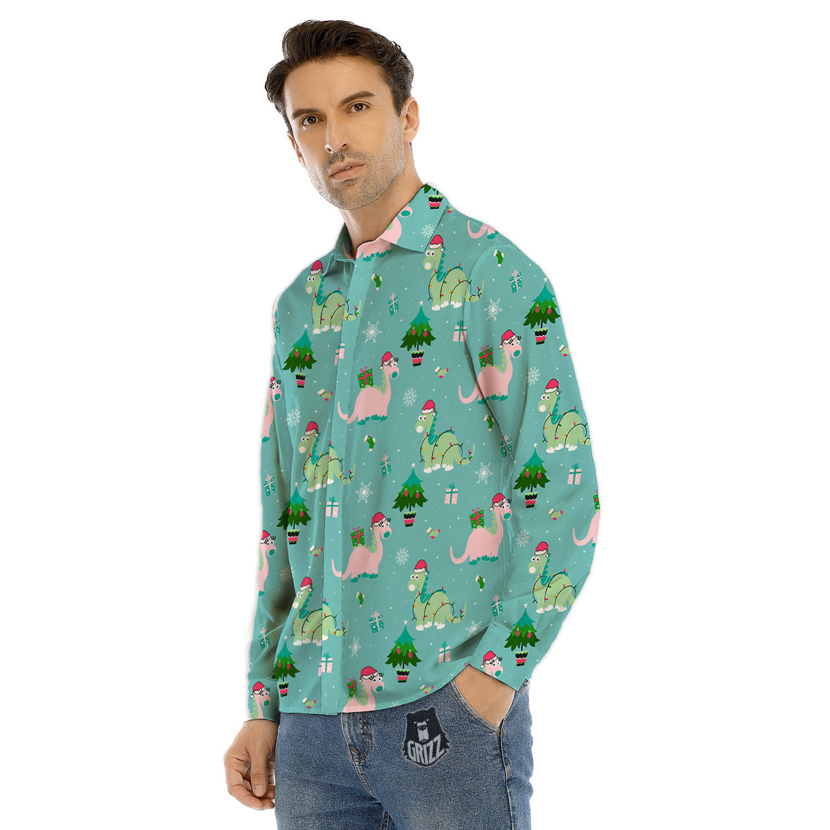Dinosaur Xmas Print Pattern Men's Dress Shirts-grizzshop