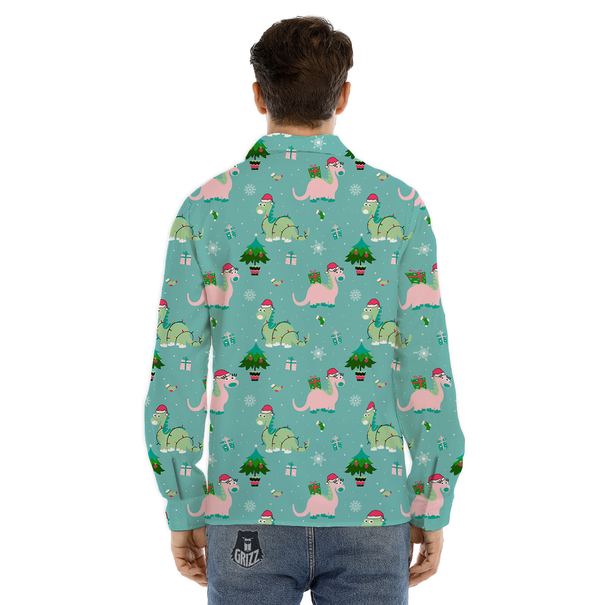Dinosaur Xmas Print Pattern Men's Dress Shirts-grizzshop