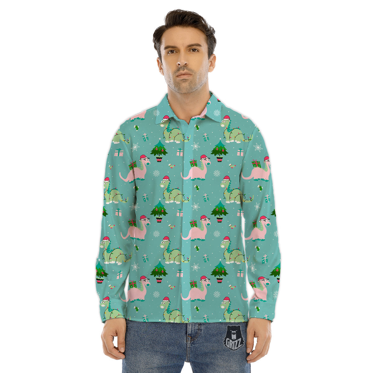 Dinosaur Xmas Print Pattern Men's Dress Shirts-grizzshop