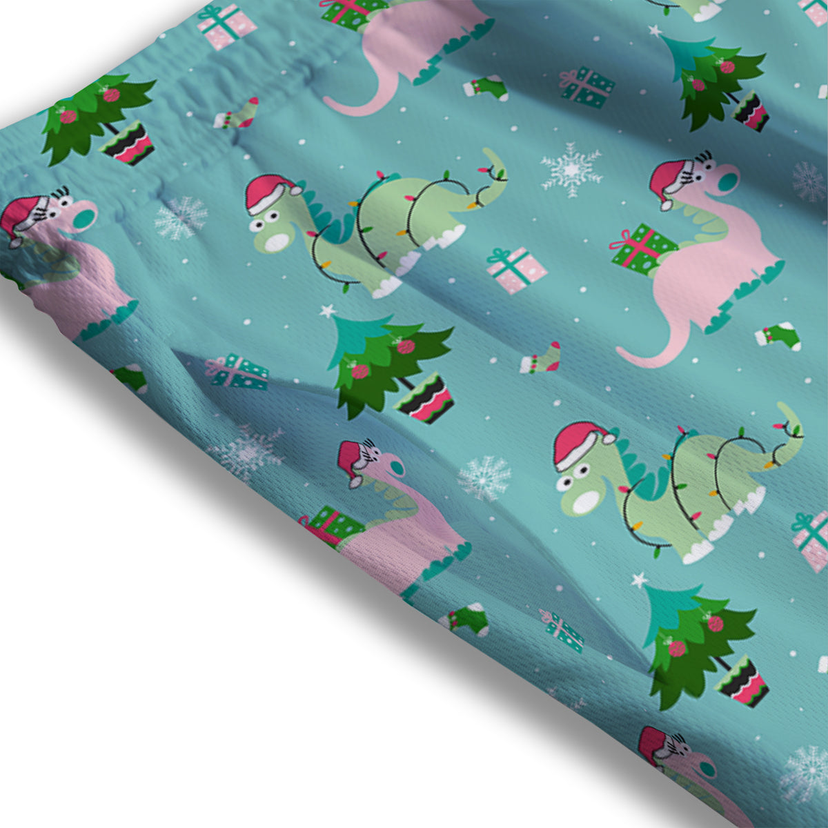 Dinosaur Xmas Print Pattern Mesh Shorts