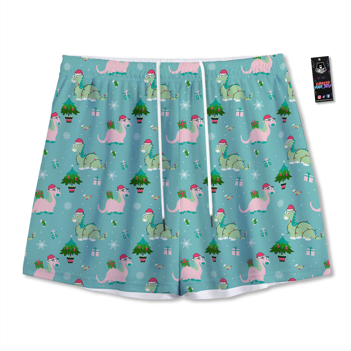 Dinosaur Xmas Print Pattern Mesh Shorts