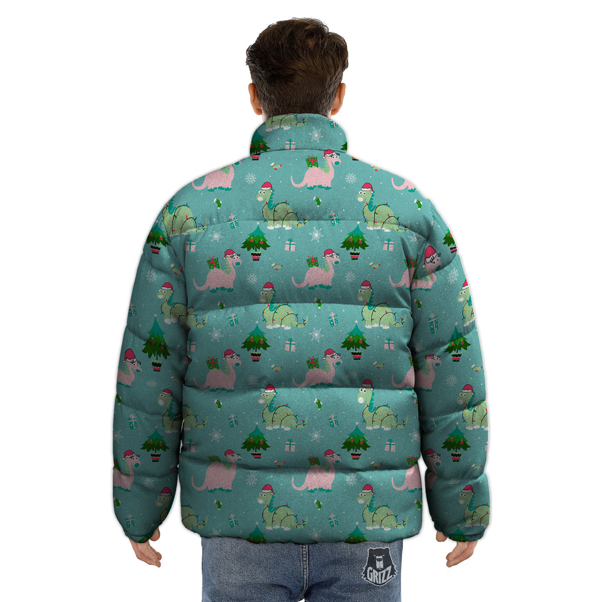 Dinosaur Xmas Print Pattern Puffer Jacket-grizzshop