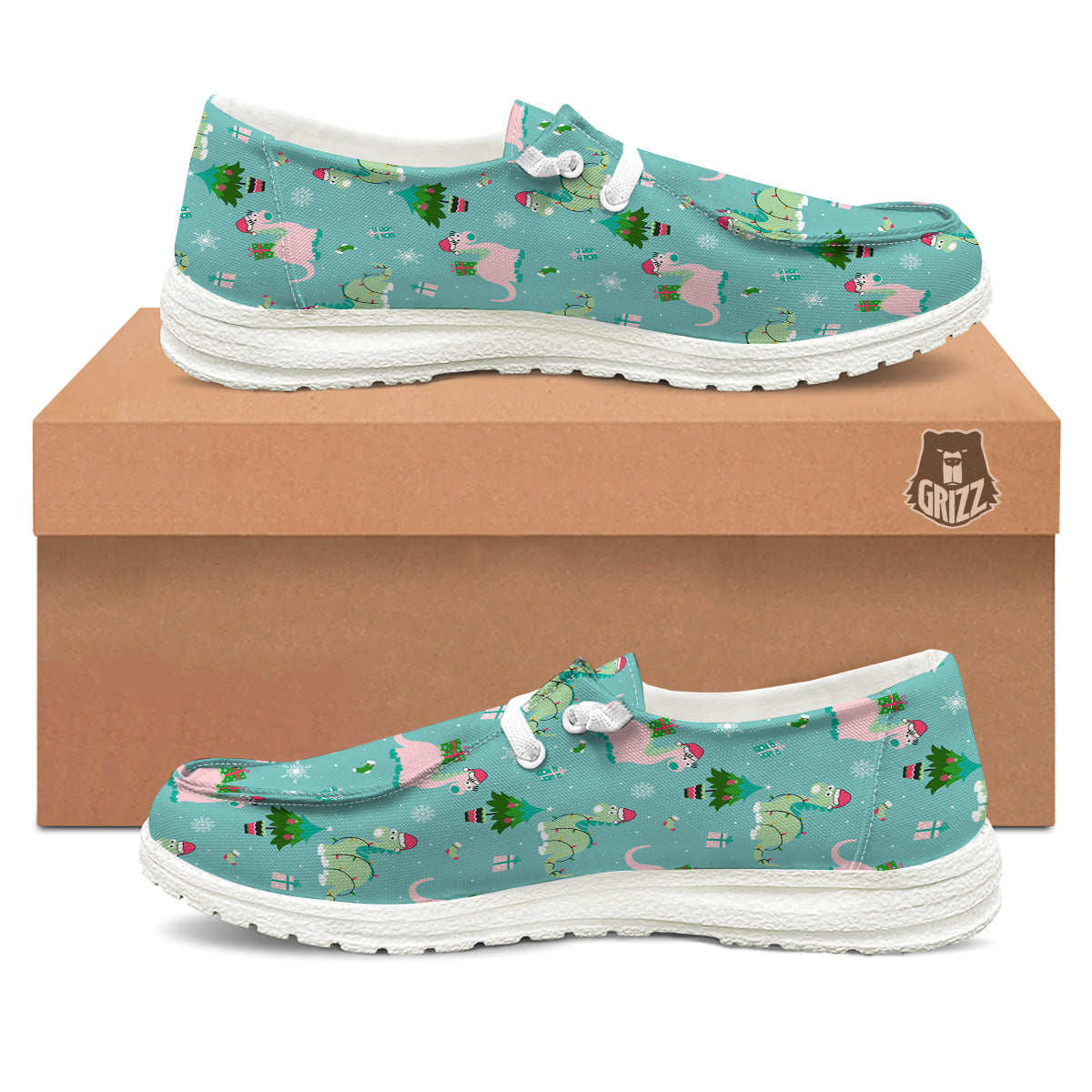 Dinosaur Xmas Print Pattern White Loafers-grizzshop