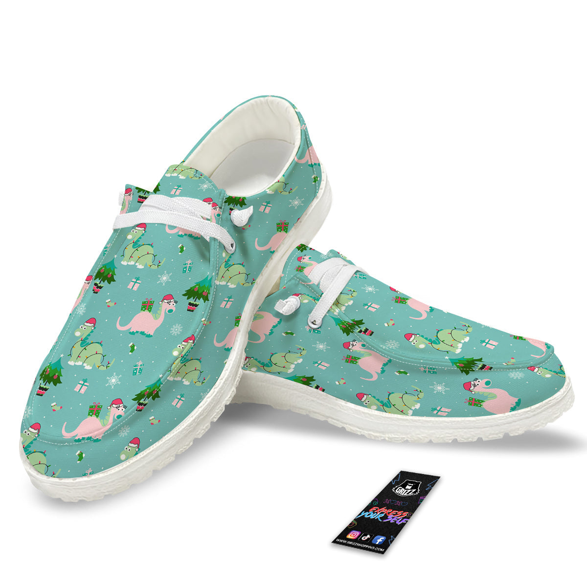 Dinosaur Xmas Print Pattern White Loafers-grizzshop