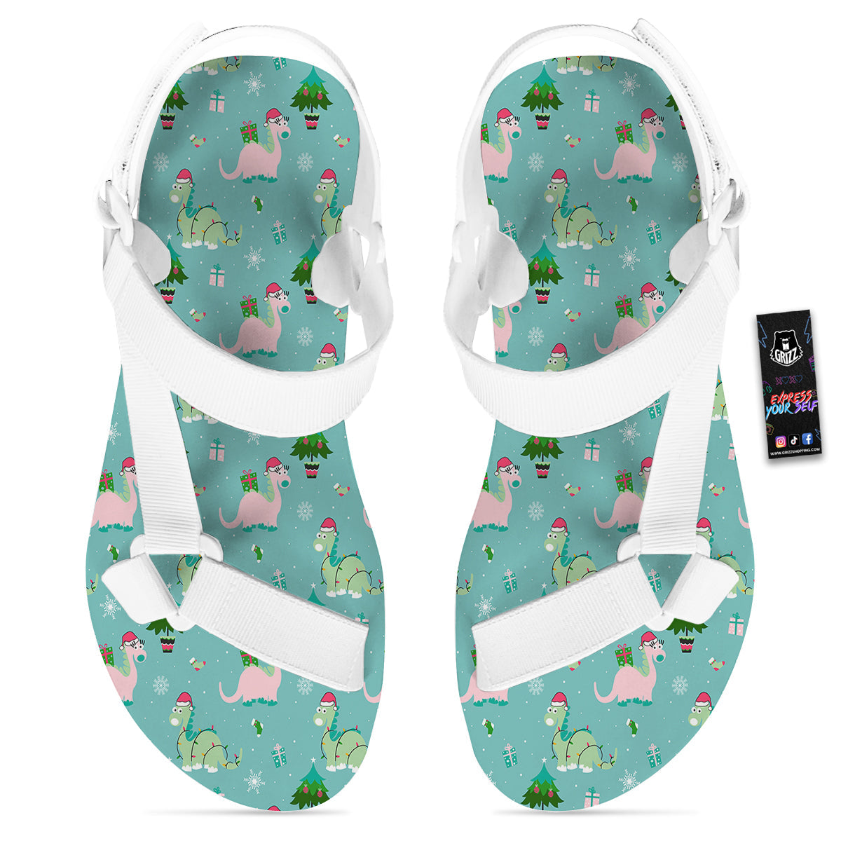 Dinosaur Xmas Print Pattern White Open Toe Sandals-grizzshop