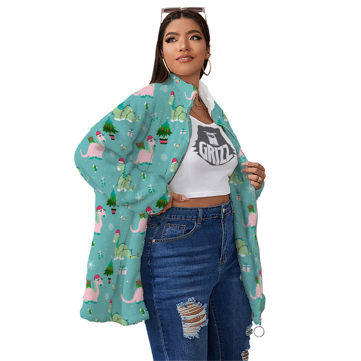 Dinosaur Xmas Print Pattern Women's Sherpa Jacket-grizzshop