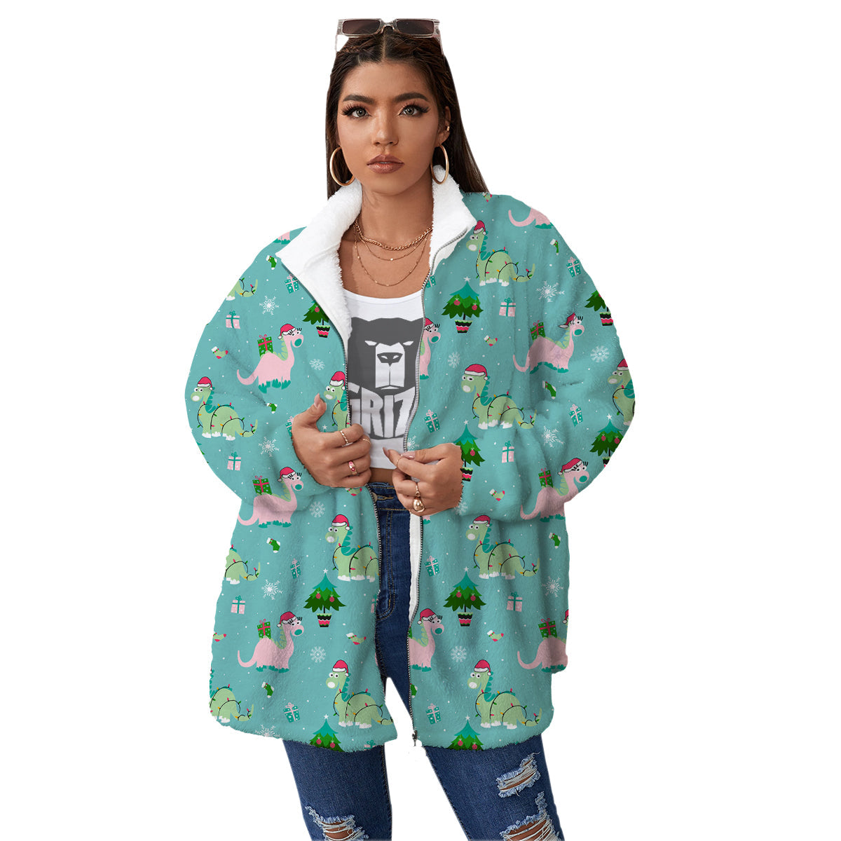 Dinosaur Xmas Print Pattern Women's Sherpa Jacket-grizzshop