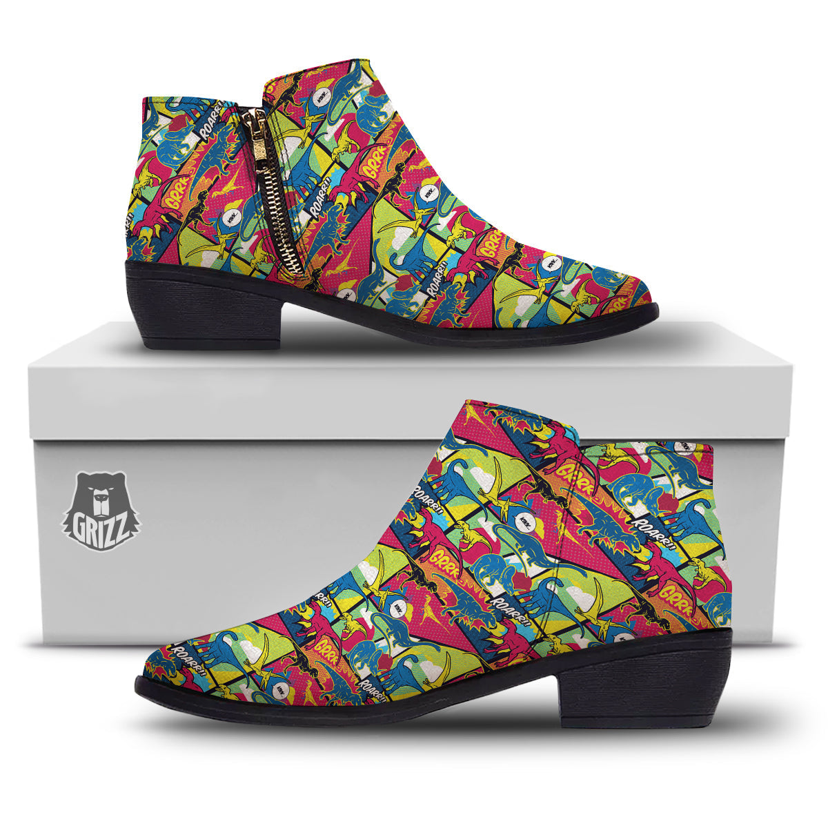 Dinosaurs Comic Print Pattern Ankle Boots-grizzshop