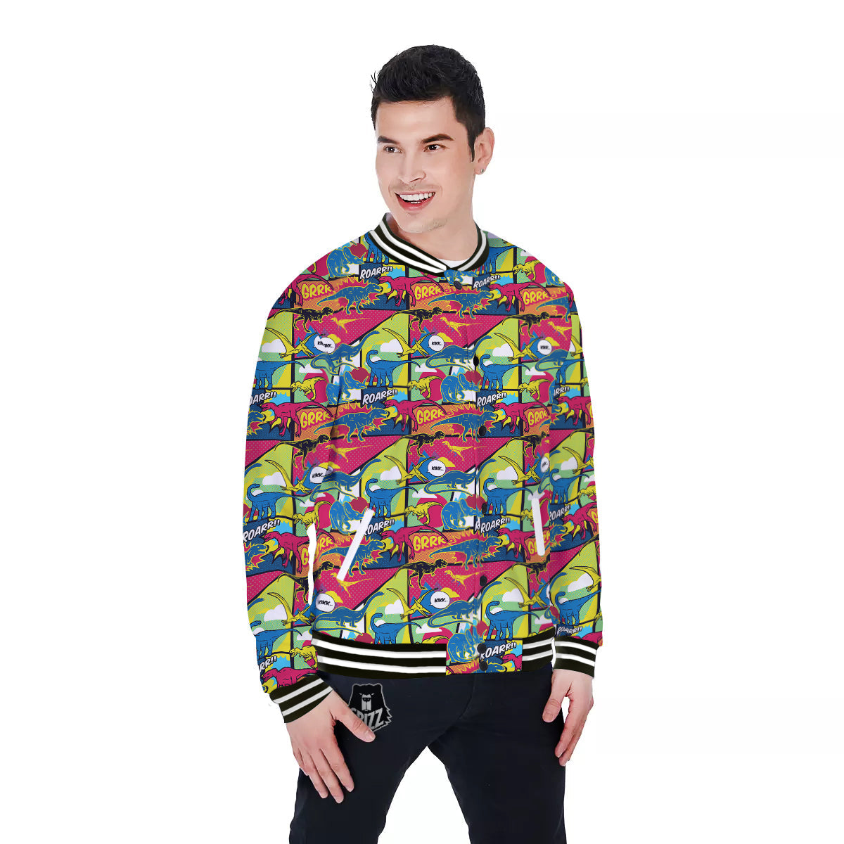 Dinosaurs Comic Print Pattern Baseball Jacket-grizzshop