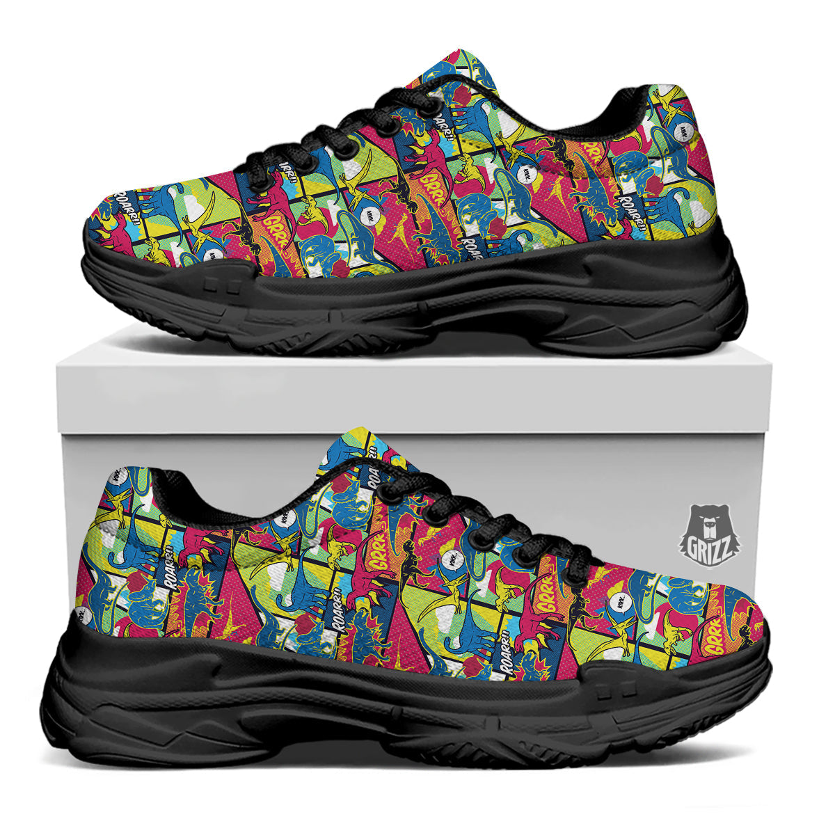 Dinosaurs Comic Print Pattern Black Chunky Shoes-grizzshop