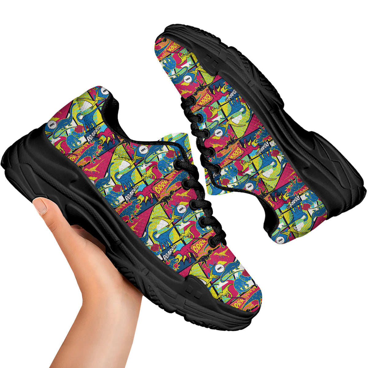 Dinosaurs Comic Print Pattern Black Chunky Shoes-grizzshop