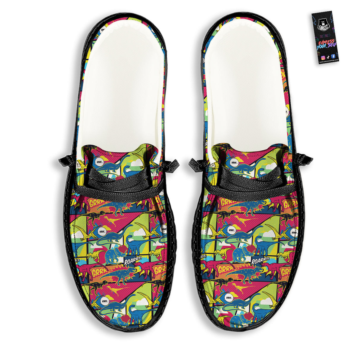 Dinosaurs Comic Print Pattern Black Loafers-grizzshop
