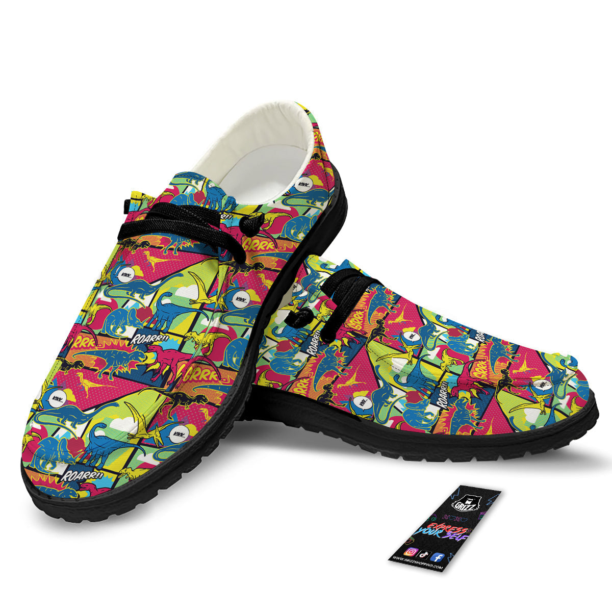 Dinosaurs Comic Print Pattern Black Loafers-grizzshop