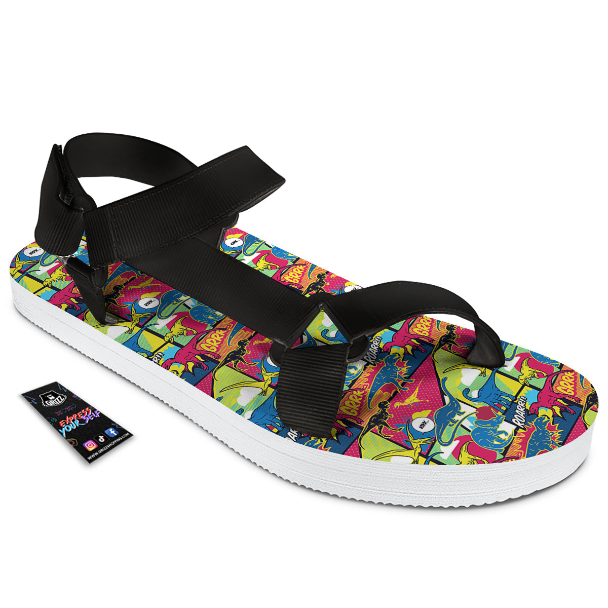 Dinosaurs Comic Print Pattern Black Open Toe Sandals-grizzshop