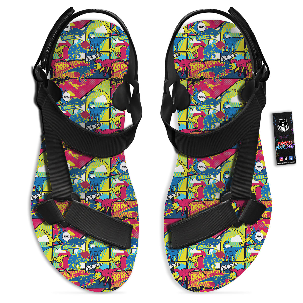 Dinosaurs Comic Print Pattern Black Open Toe Sandals-grizzshop