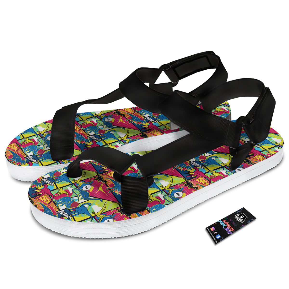 Dinosaurs Comic Print Pattern Black Open Toe Sandals-grizzshop