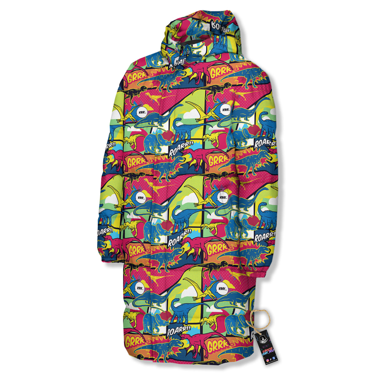 Dinosaurs Comic Print Pattern Long Down Jacket-grizzshop