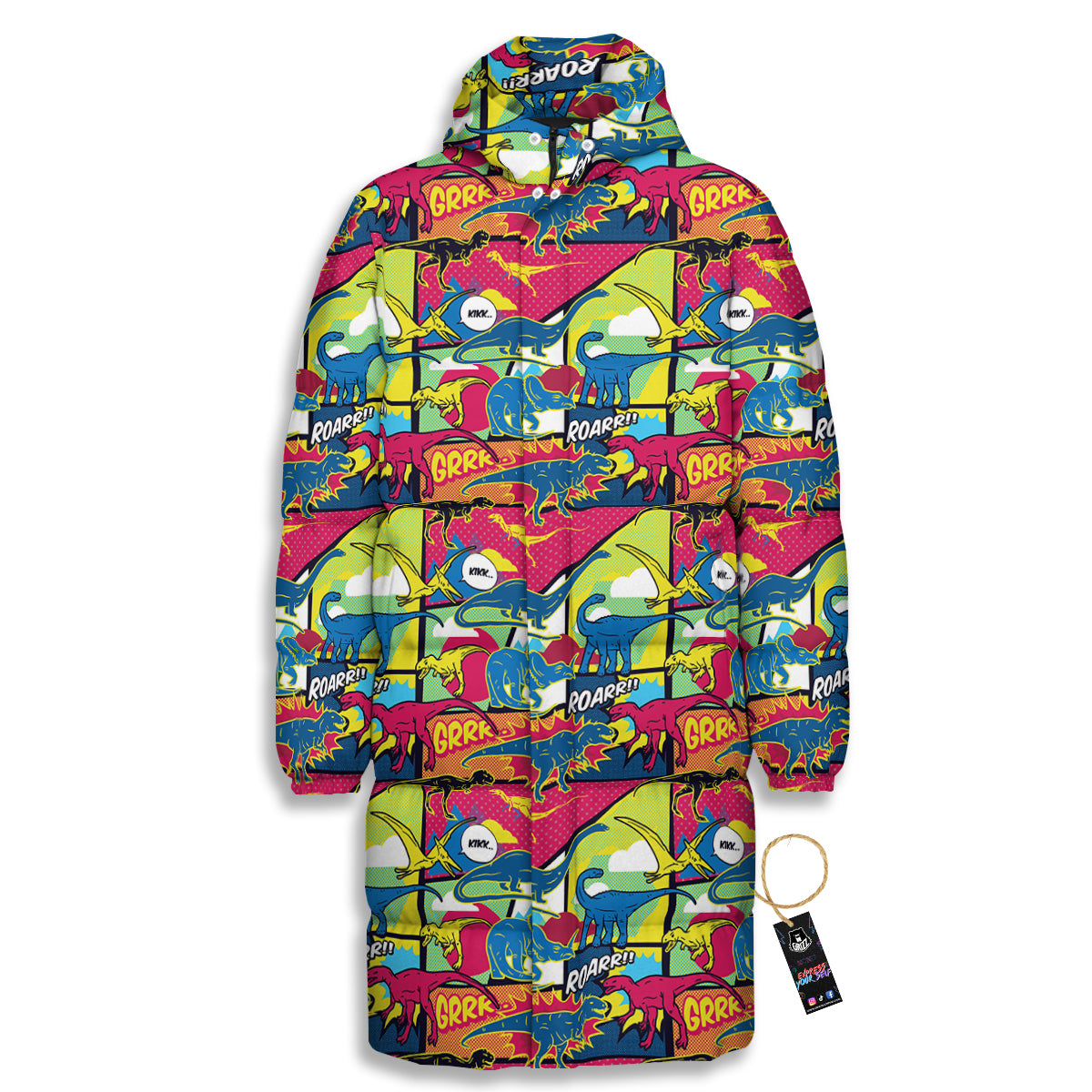 Dinosaurs Comic Print Pattern Long Down Jacket-grizzshop