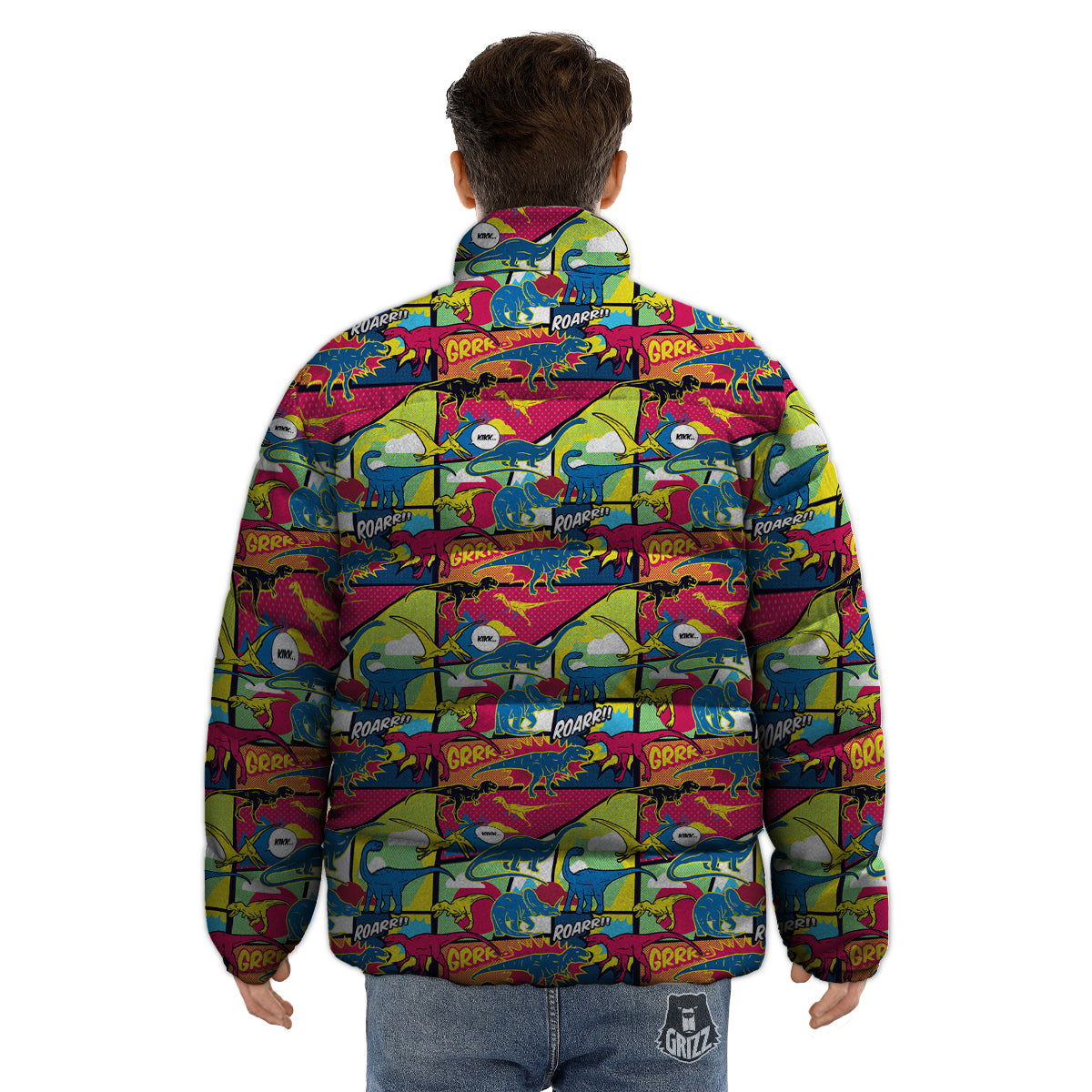 Dinosaurs Comic Print Pattern Puffer Jacket-grizzshop