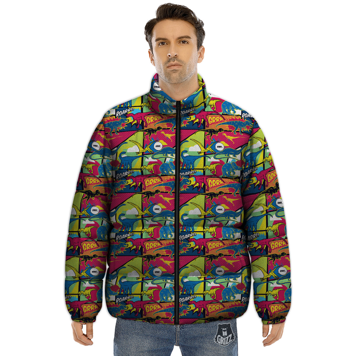 Dinosaurs Comic Print Pattern Puffer Jacket-grizzshop