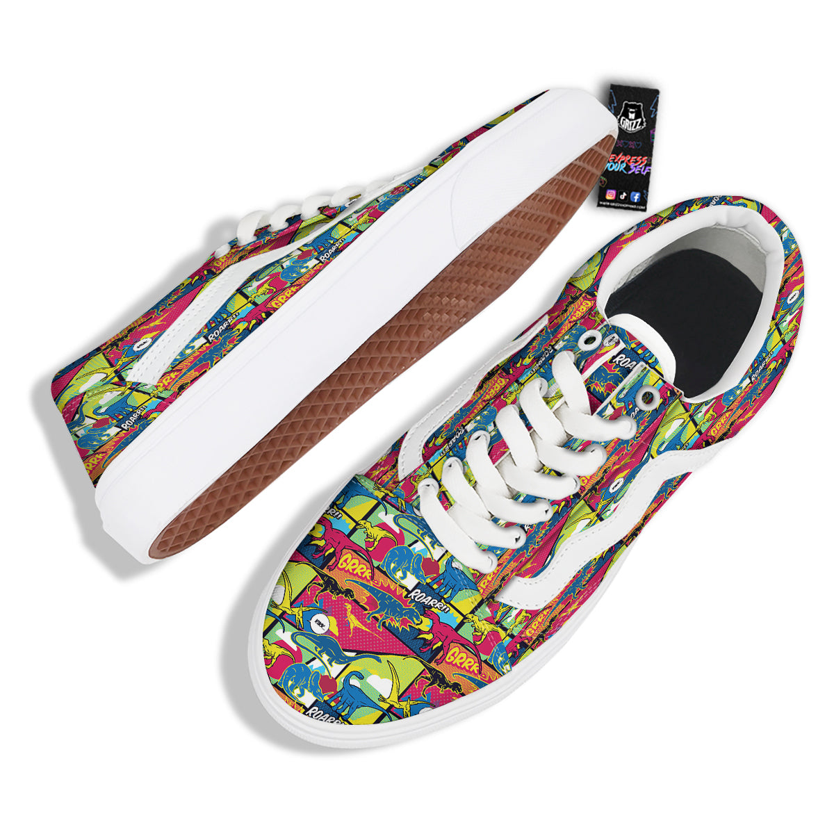 Dinosaurs Comic Print Pattern Skate Shoes-grizzshop