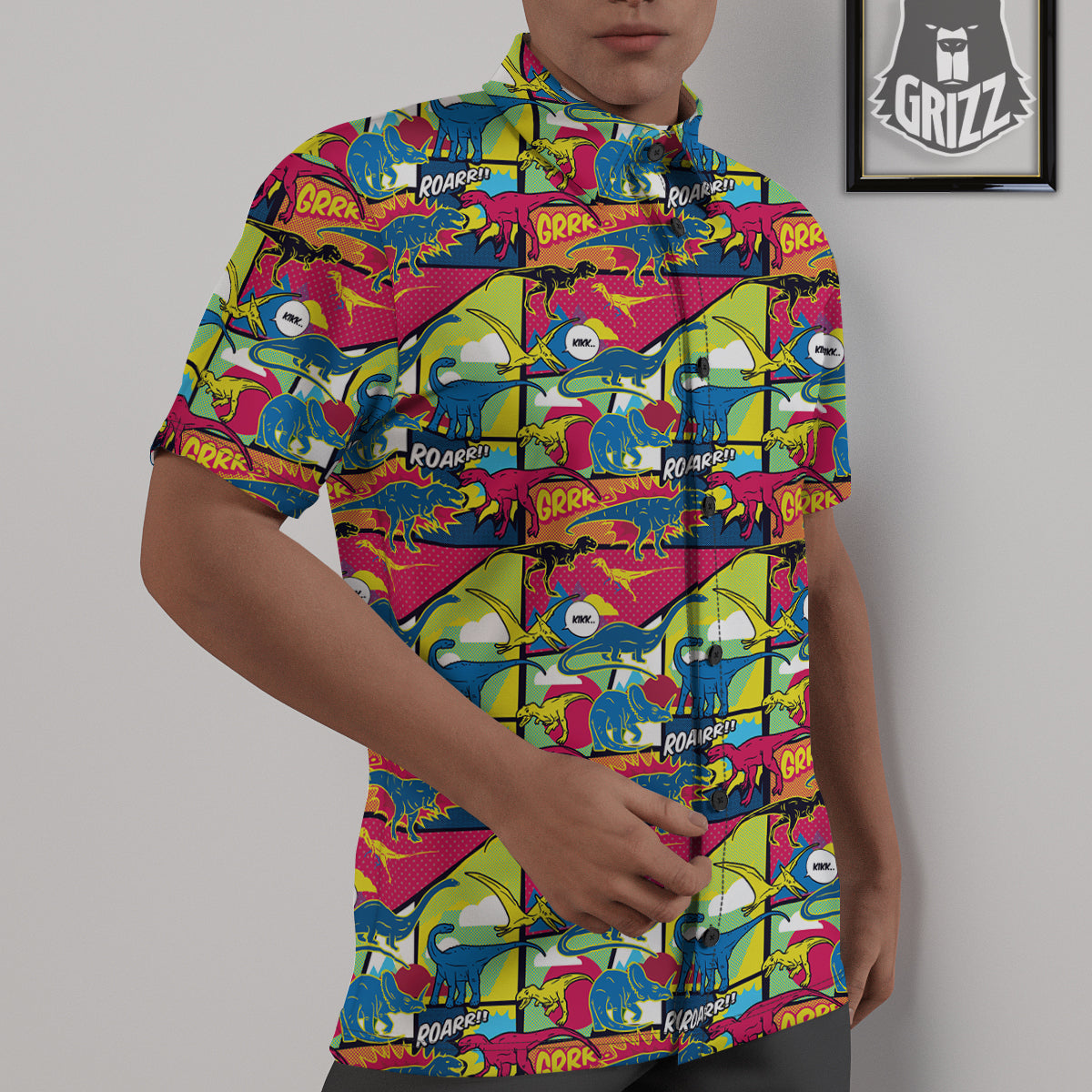 Dinosaurs Comic Print Pattern Untucked Shirts-grizzshop