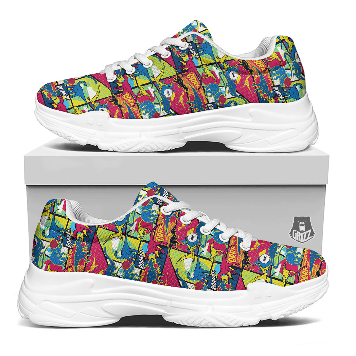 Dinosaurs Comic Print Pattern White Chunky Shoes-grizzshop