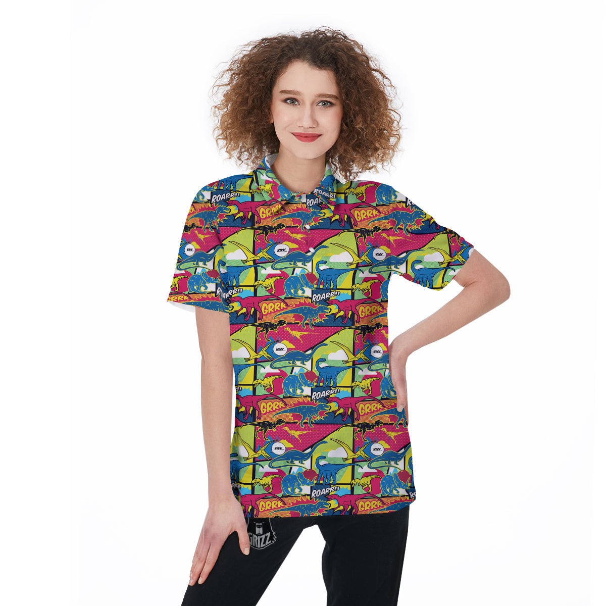 Dinosaurs Comic Print Pattern Women's Golf Shirts-grizzshop