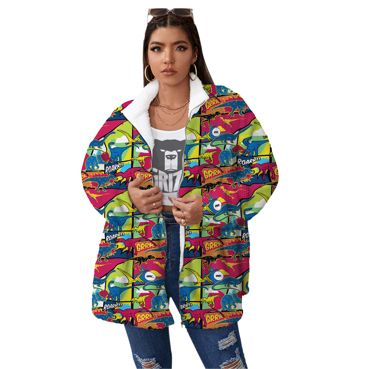 Dinosaurs Comic Print Pattern Women's Sherpa Jacket-grizzshop