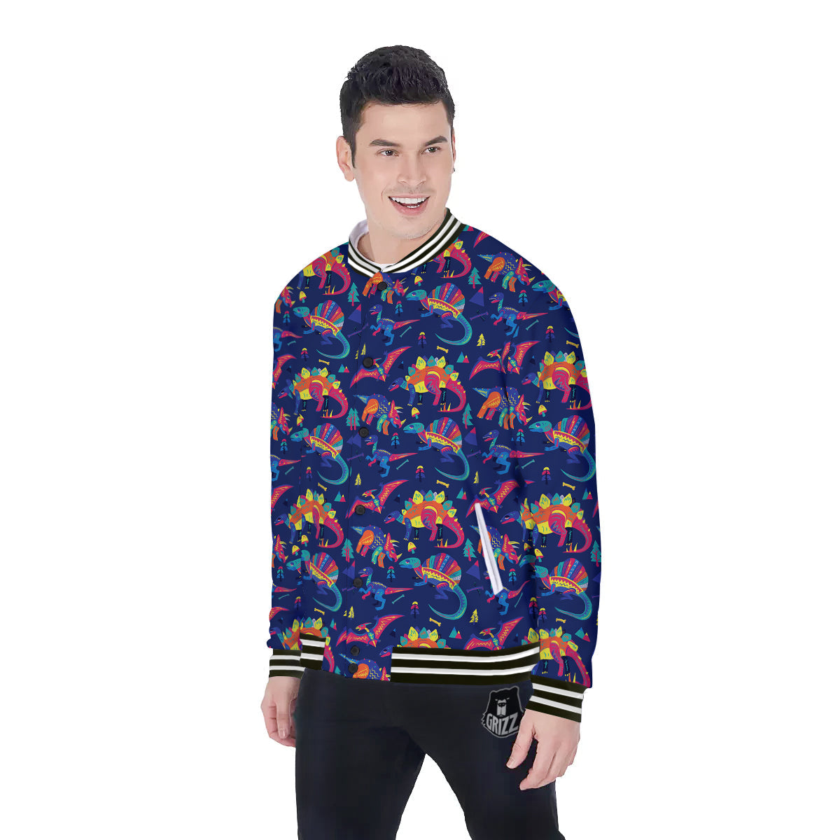 Dinosaurs Cute Colorful Print Pattern Baseball Jacket-grizzshop