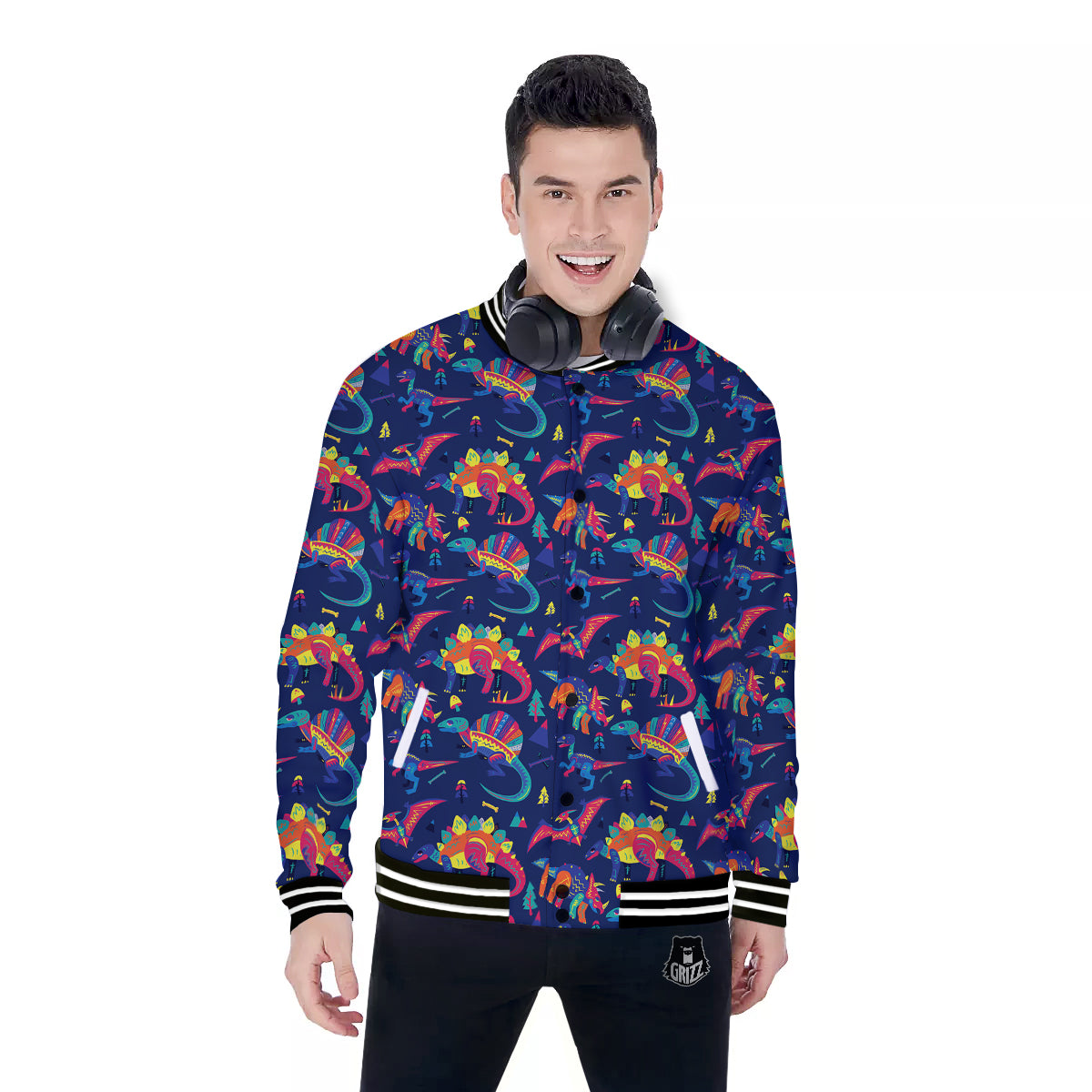 Dinosaurs Cute Colorful Print Pattern Baseball Jacket-grizzshop