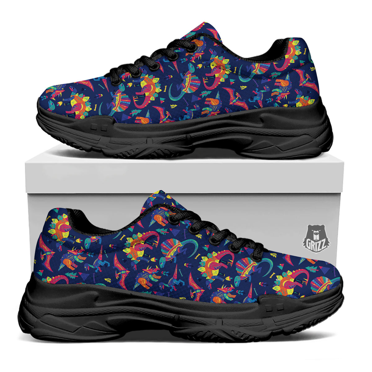 Dinosaurs Cute Colorful Print Pattern Black Chunky Shoes-grizzshop