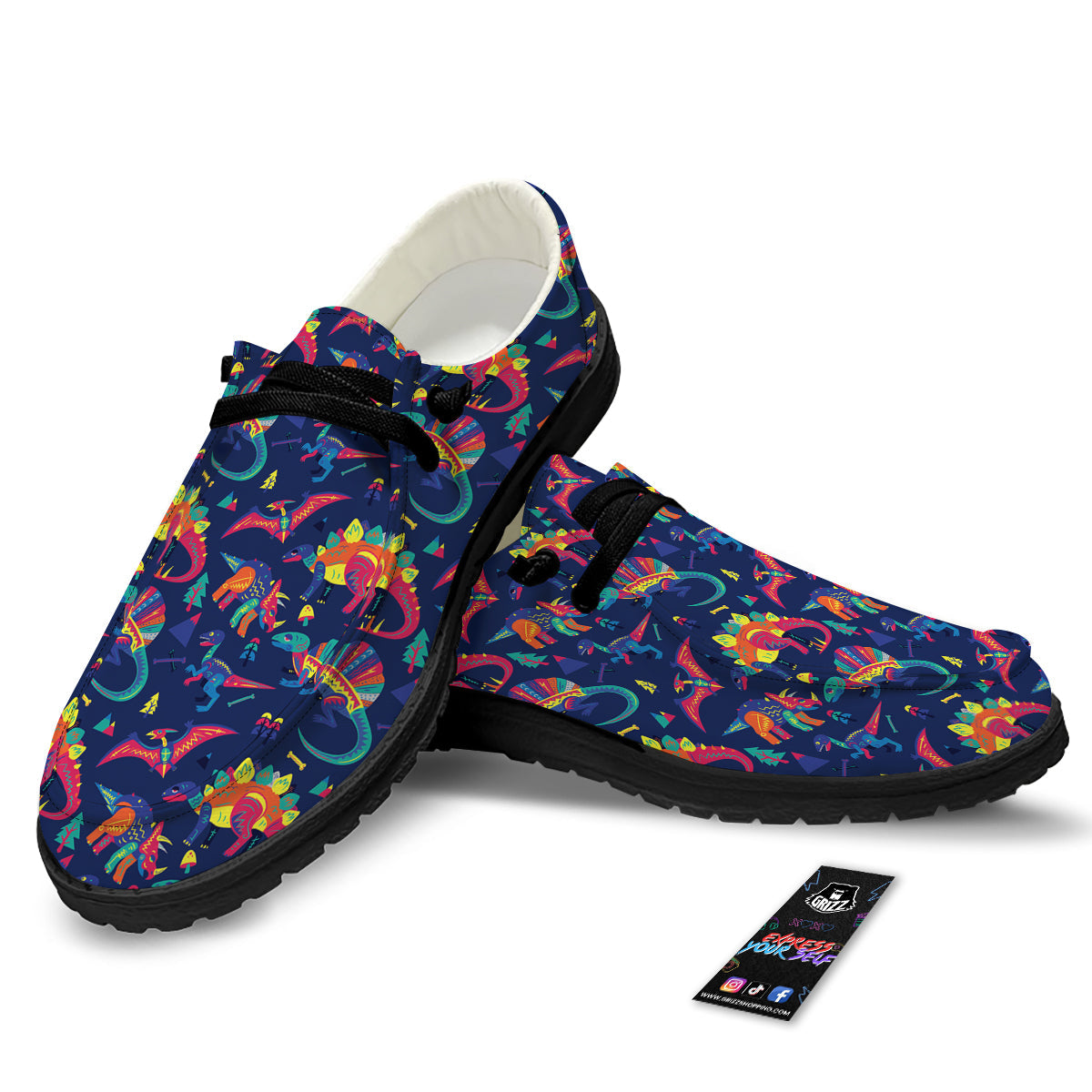 Dinosaurs Cute Colorful Print Pattern Black Loafers-grizzshop