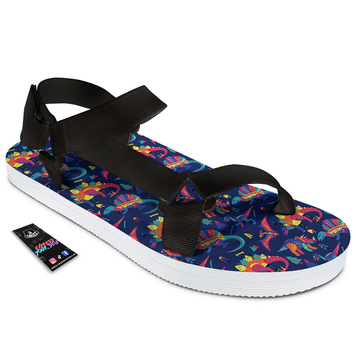 Dinosaurs Cute Colorful Print Pattern Black Open Toe Sandals-grizzshop