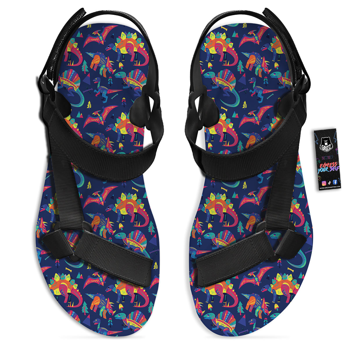 Dinosaurs Cute Colorful Print Pattern Black Open Toe Sandals-grizzshop